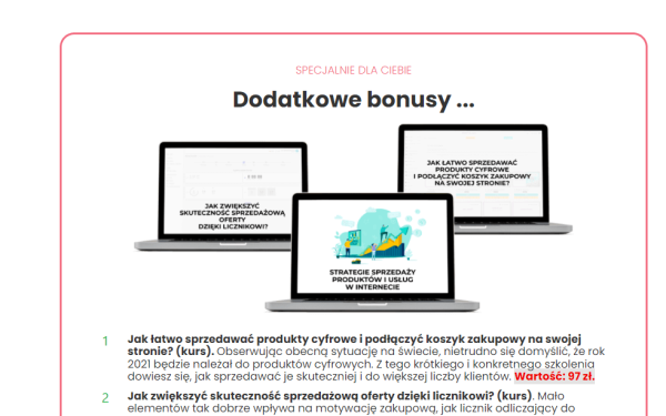 Screen, który pokazuje bonusy przy kupnie produktu