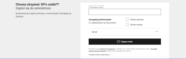 Screen ze sklepu internetowego Zalando - zniżka za zakup do newslettera